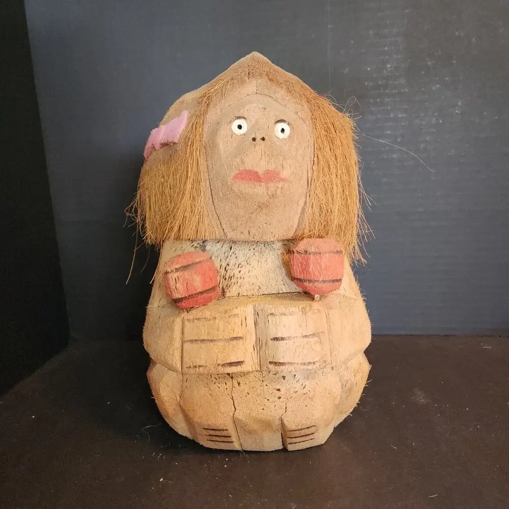 Vintage Carved Coconut, Figure Holding Maracas, Folk Art, Tiki Bar